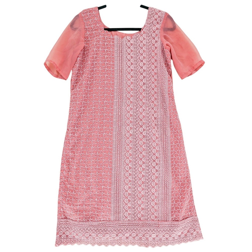 Dusty Pink Chikankari Embroidered Lace Sheer Sleeve Tunic Dress S